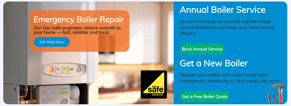 KR Heating & Plumbing emergency boiler repair and annual boiler service banner, Gas Safe registered engineers